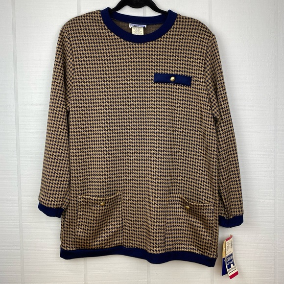 NWT Vintage Reality Check Cape Cod Blue Tan Houndstooth Knit Sweater Top Tunic M - Picture 1 of 5
